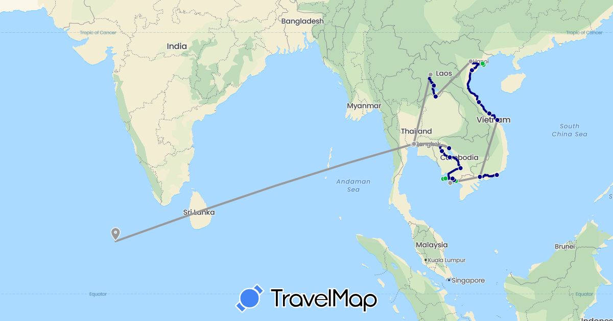 TravelMap itinerary: driving, bus, plane in Cambodia, Laos, Maldives, Thailand, Vietnam (Asia)